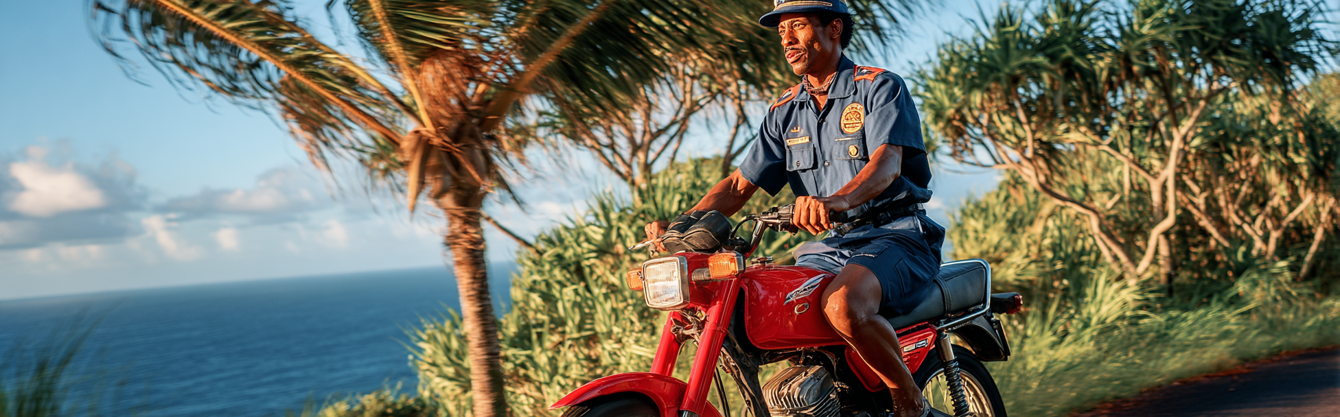 Jamaican postal worker on a motorcycle